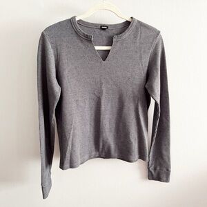 Monrow | Baby Thermal Long Sleeve Open Neck Top in Speckled Grey
